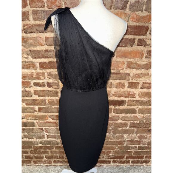 Express Black Mesh Polka Dot One Shoulder Bow Midi Sheath Dress Sz M Holiday - Picture 6 of 9